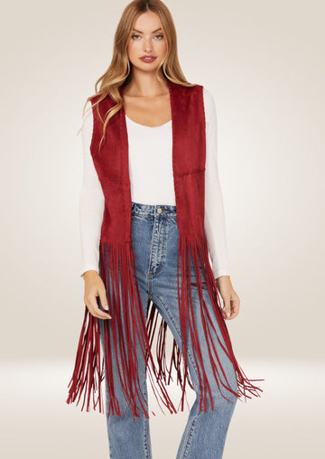 Red Long Fringe Leather Vest - Bold Western Flair