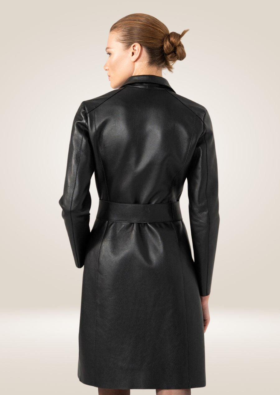 back side of Women's Black Leather Trench Coat 