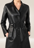 close view f Women's Black Leather Trench Coat 