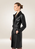 side pose of Women's Black Leather Trench Coat 