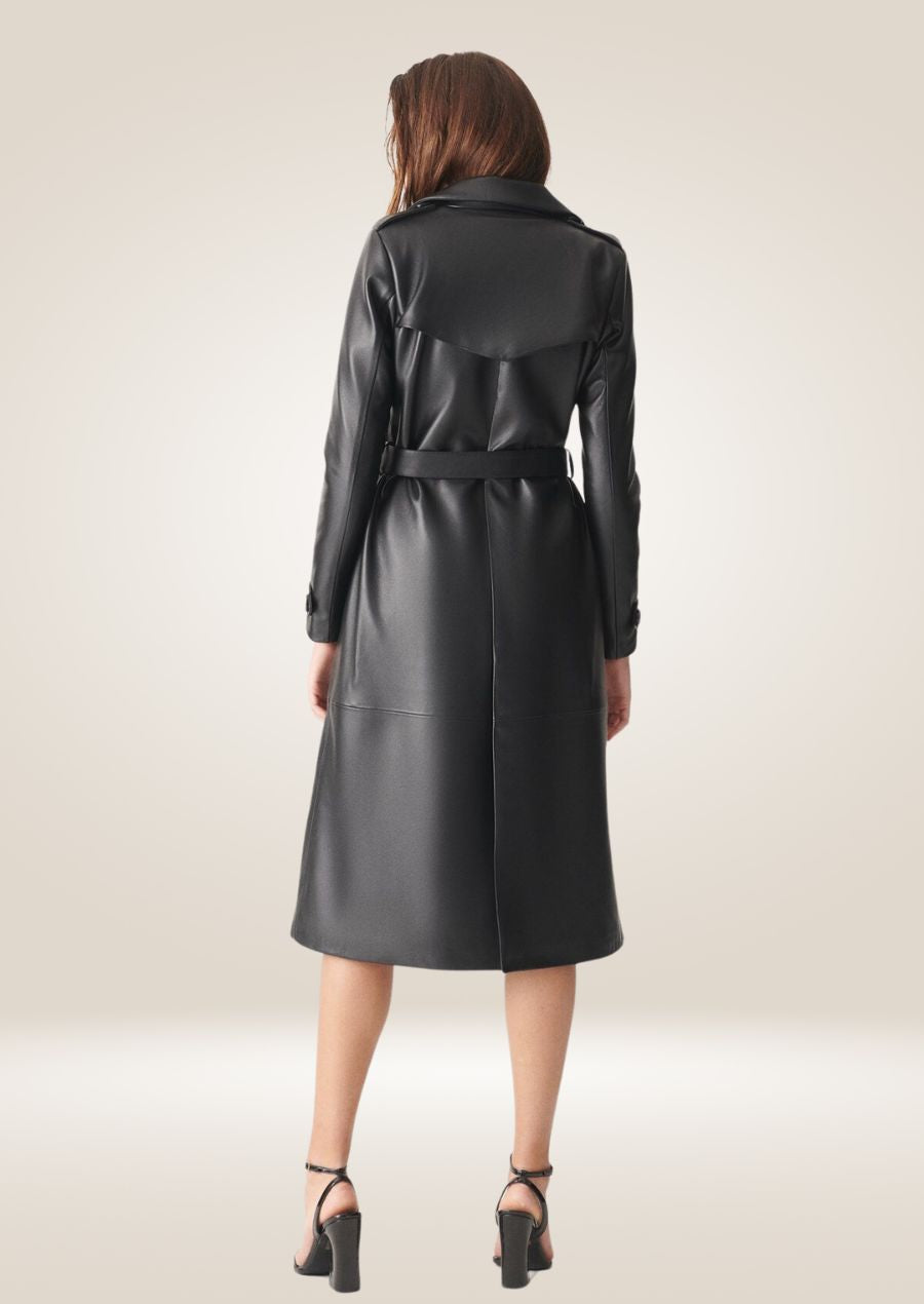 back side of Women's Black Leather Trench Coat