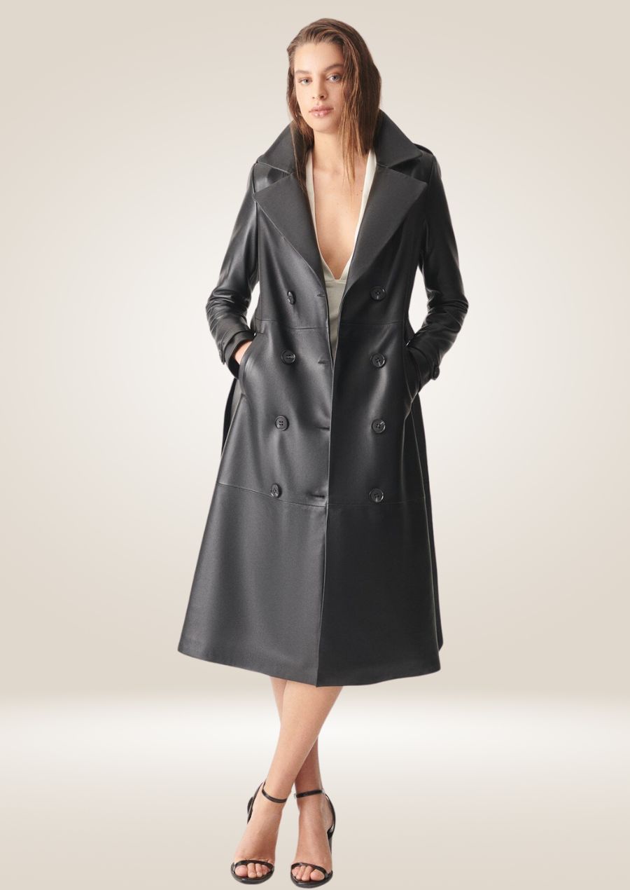 front pose of Women's Black Leather Trench Coat