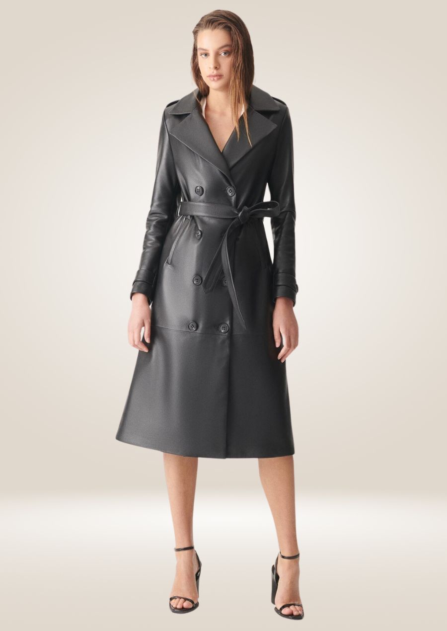 Women's Black Leather Trench Coat