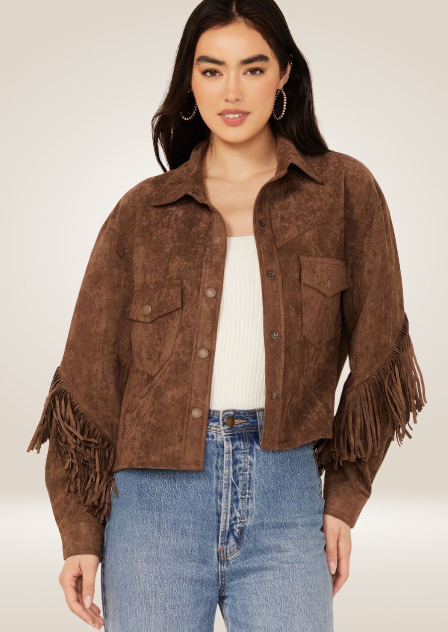 Women’s Chocolate Brown Suede Jacket with Fringes