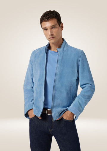 Men’s Blue Suede Stand Collar Jacket