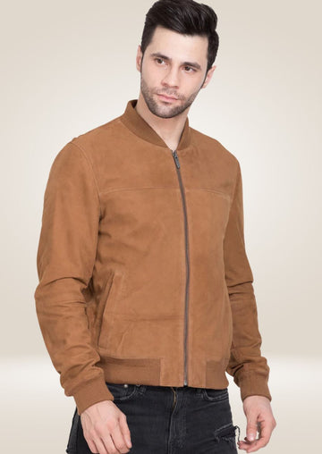 Men's Tan Suede Bomber Jacket - Genuine Leather