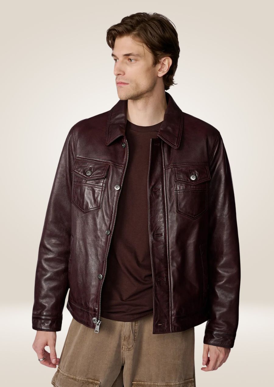 Men's Classic Brown Leather Trucker Jacket