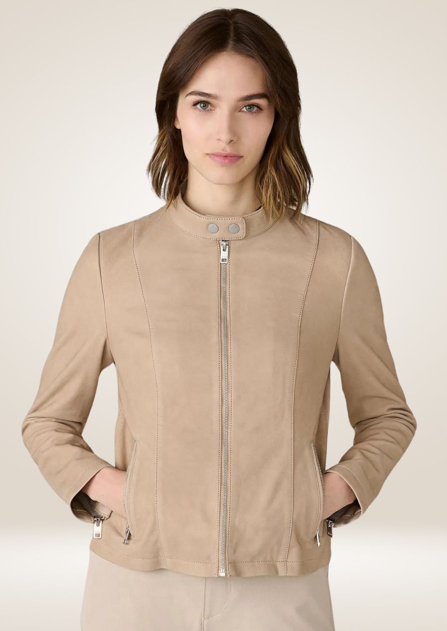 Women’s Beige Suede Stand Collar Leather Jacket