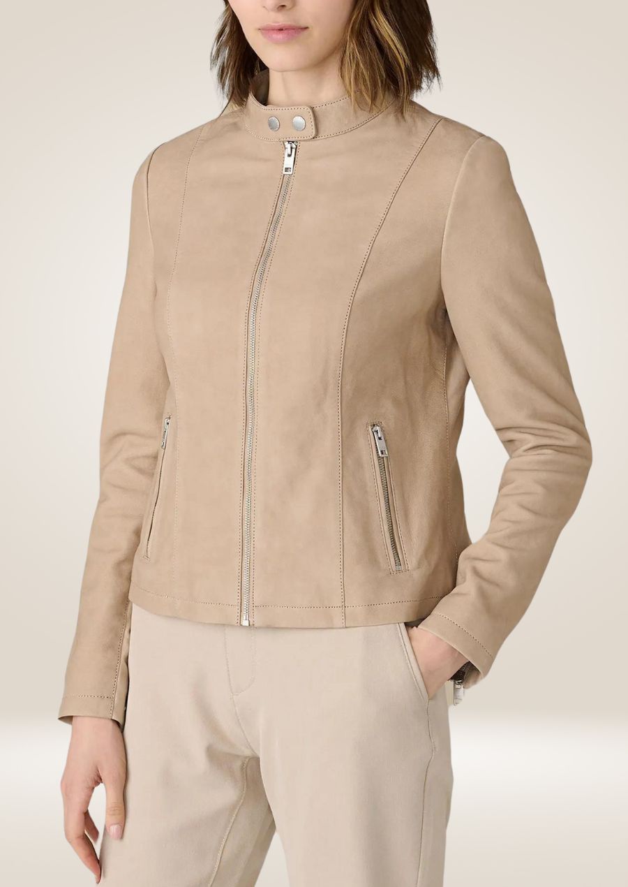 Women’s Beige Suede Stand Collar Leather Jacket