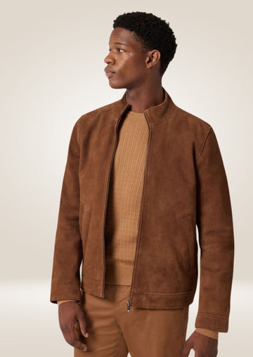 Men’s Brown Suede Jacket with Stand Collar