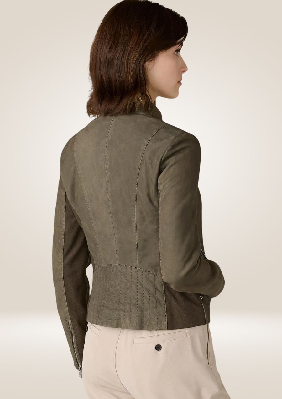 Olive Stand Collar Leather Jacket with Rib Knit Panels