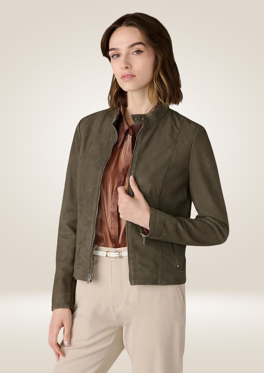 Olive Stand Collar Leather Jacket with Rib Knit Panels