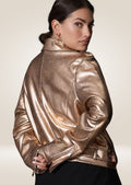 backside of Women’s Bronze Metallic Biker Leather Jacket