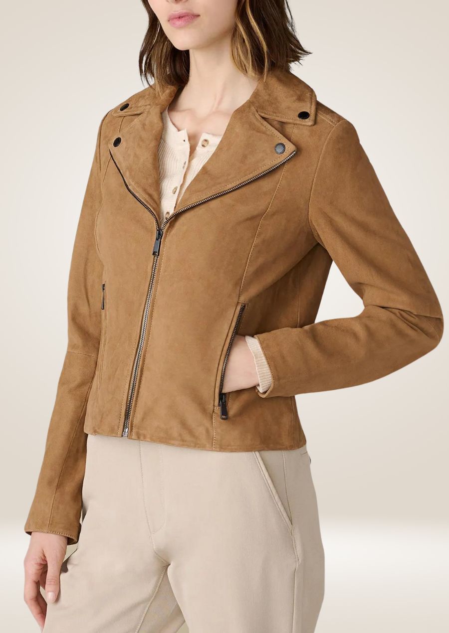 Camel Suede Moto Jacket for Women