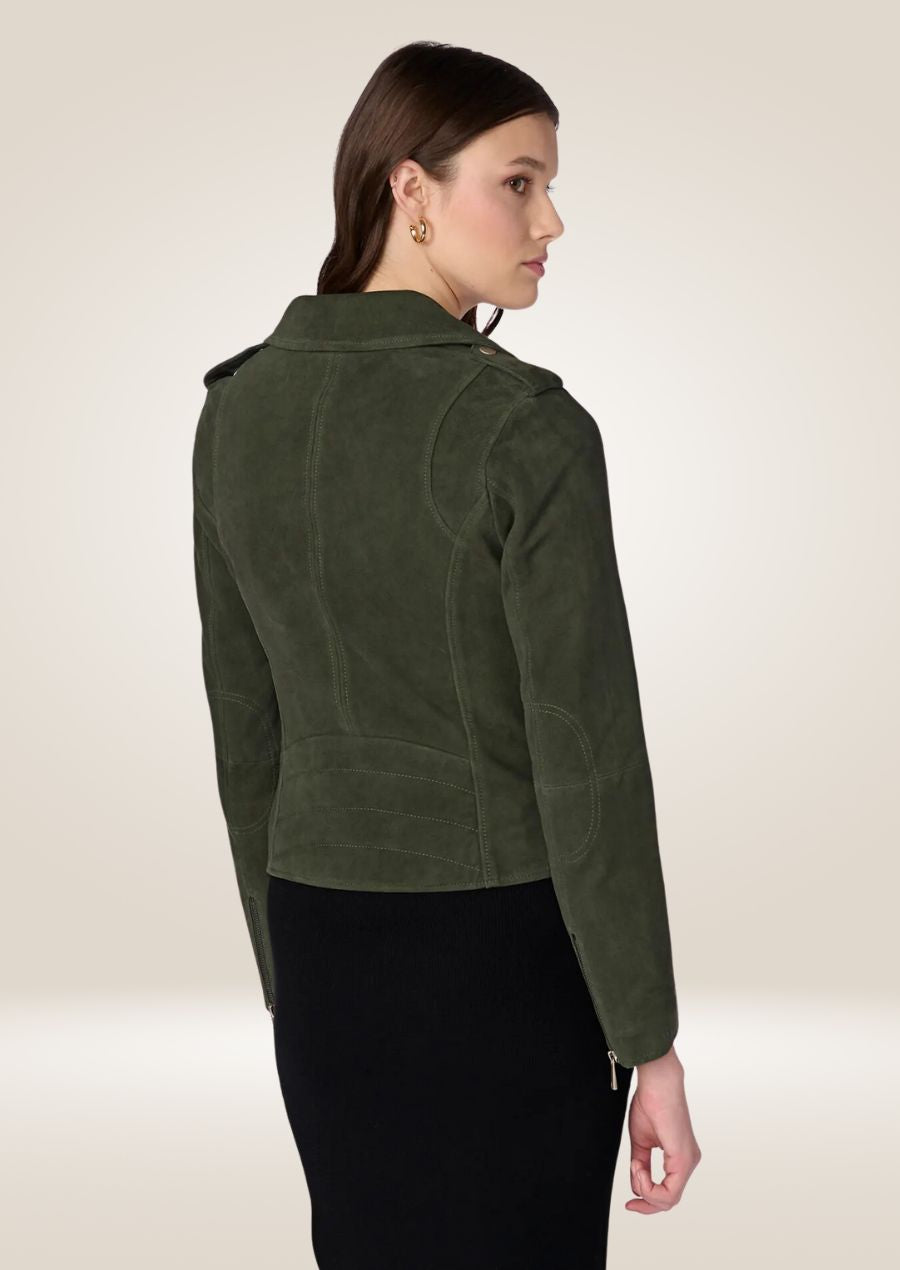 Women's Green Suede Asymmetrical Moto Jacket