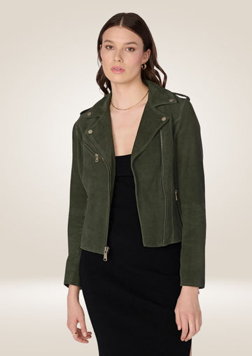 Women's Green Suede Asymmetrical Moto Jacket