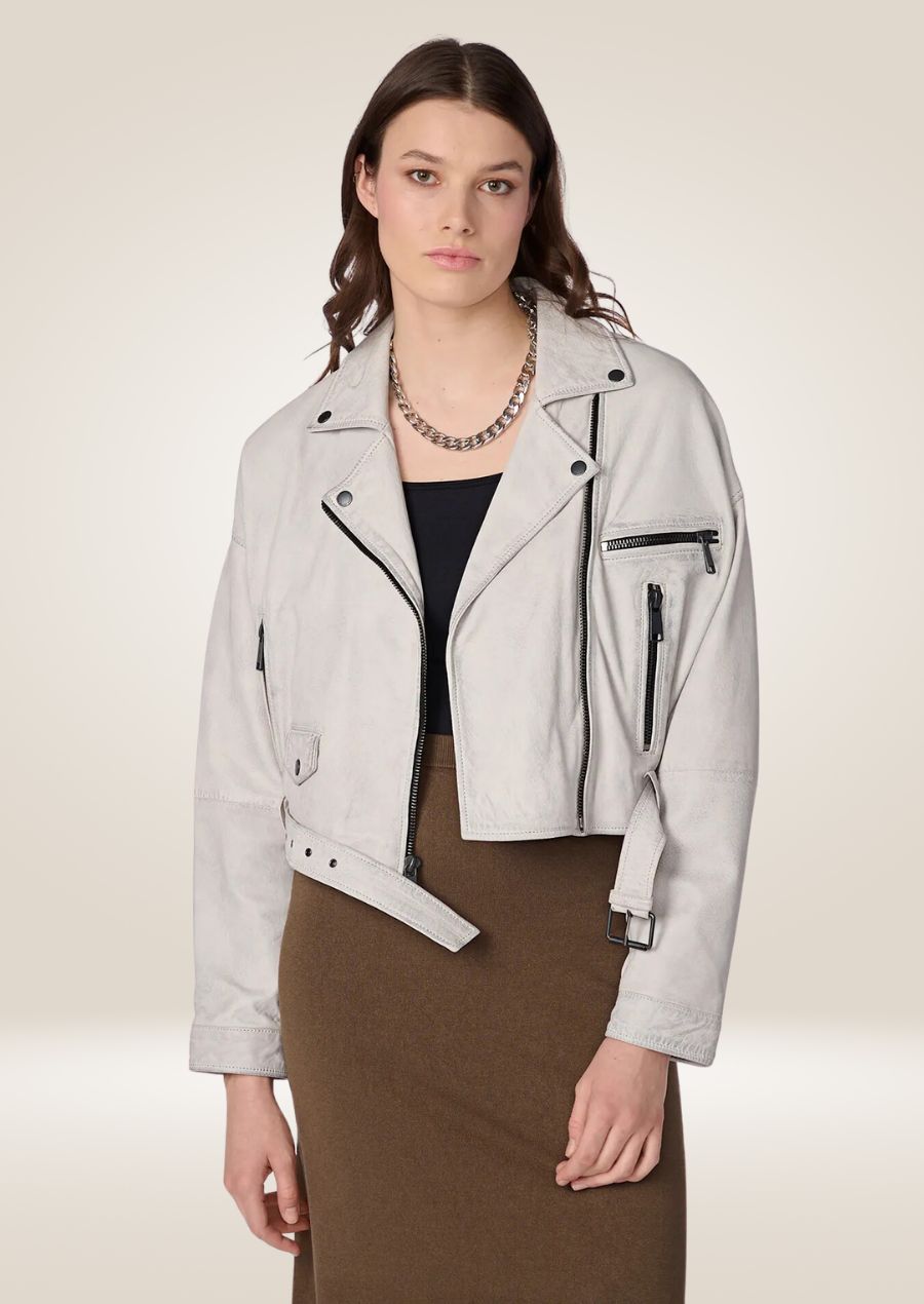 Women's White Moto Biker Jacket – Belted Waist