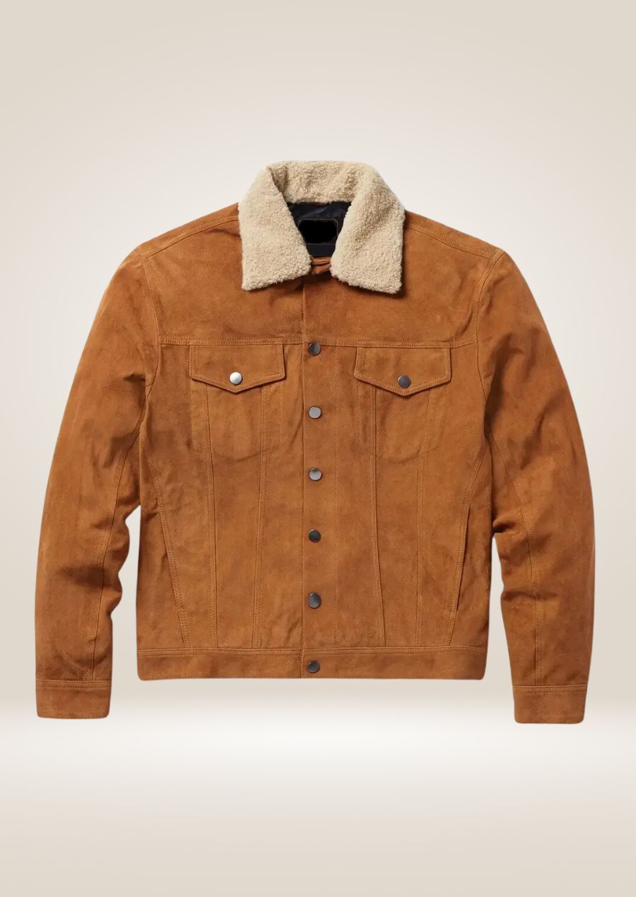 Men’s Tan Suede Trucker Jacket with Sherpa Collar