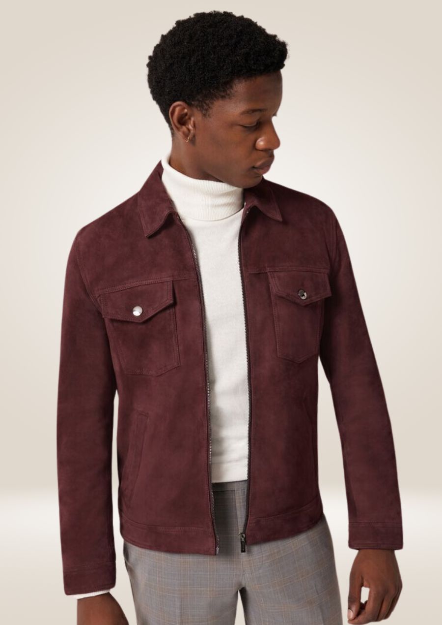 Men’s Maroon Suede Leather Trucker Jacket