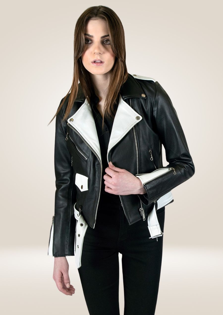 Women's Black & White Moto Leather Jacket - Bold Biker Style