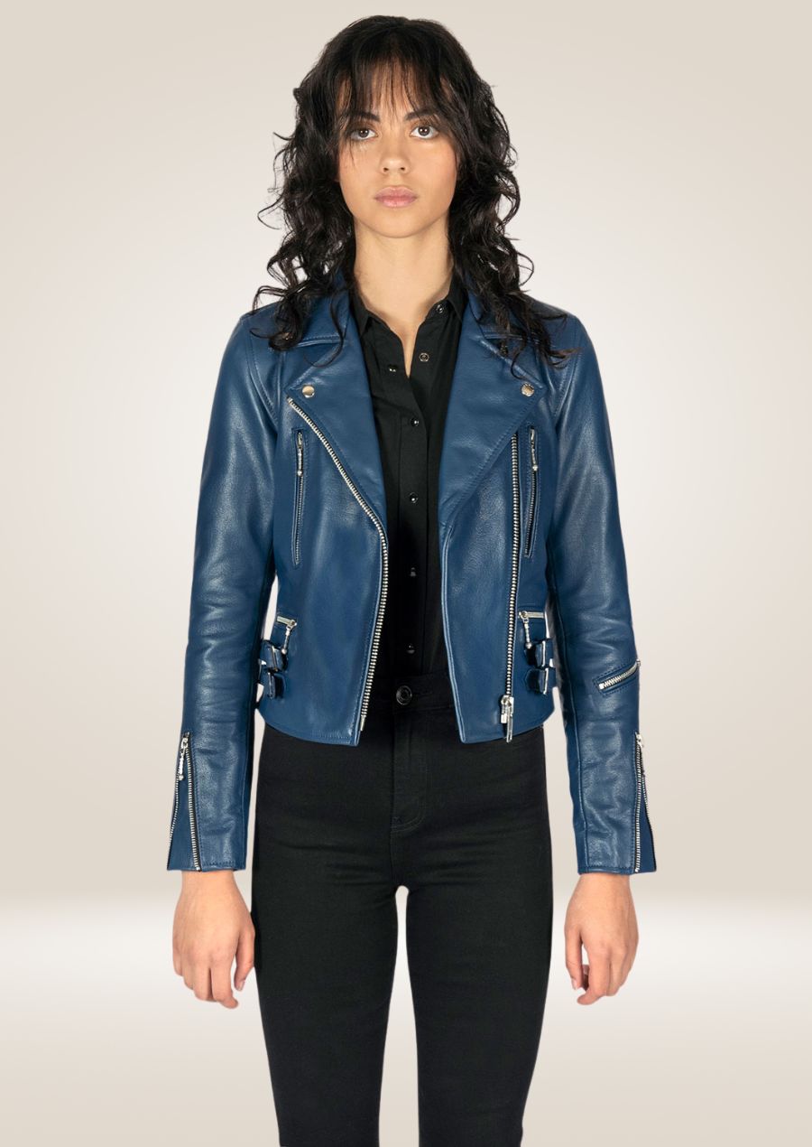 Women's Blue Moto Leather Jacket - Bold Biker Style