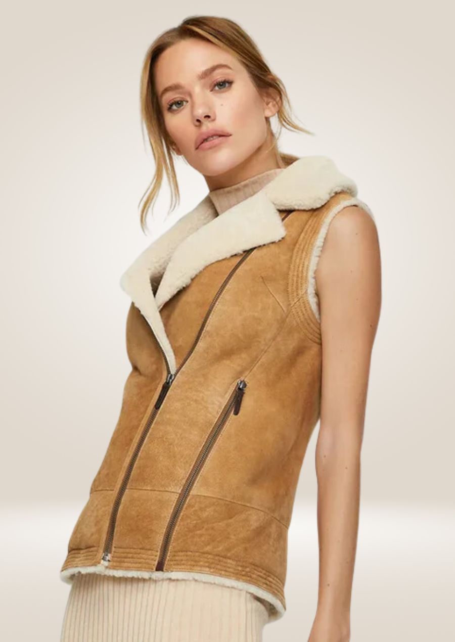 Women’s Brown Sheepskin Shearling Leather Vest - Cozy and Elegant