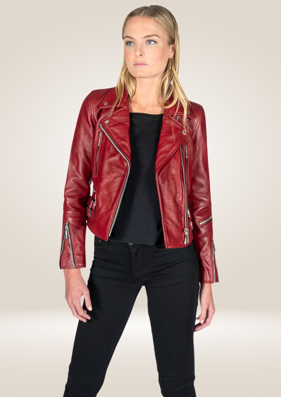 Women's Burgundy Perfecto Leather Jacket - Elegant Biker Style