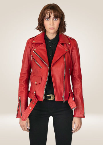 Women's Red Moto Leather Jacket - Fierce Biker Style