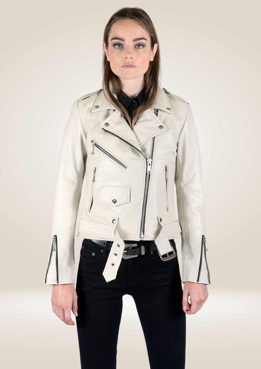 Women's White Perfecto Leather Jacket - Chic Biker Style